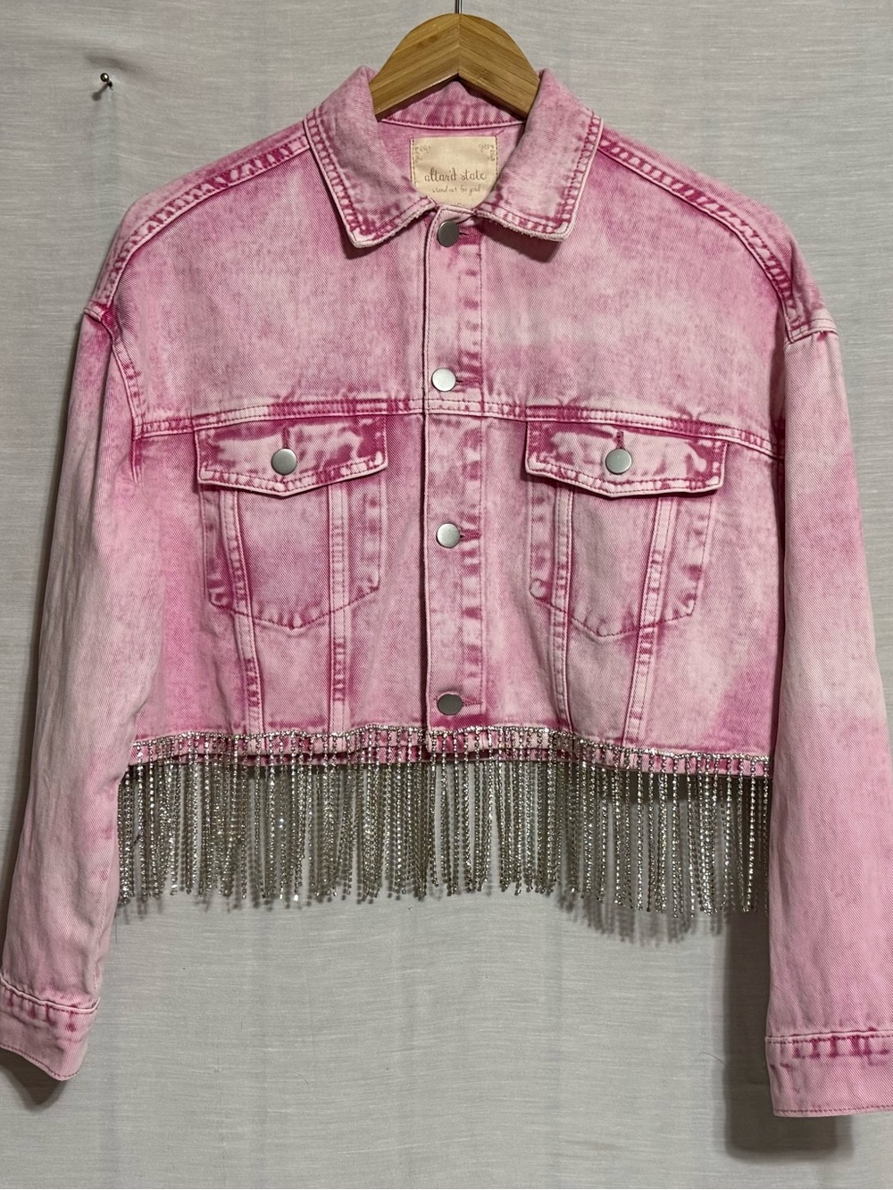 Altar’d State Pink Rhinestone Fringe Cropped Denim Jacket NWT XS